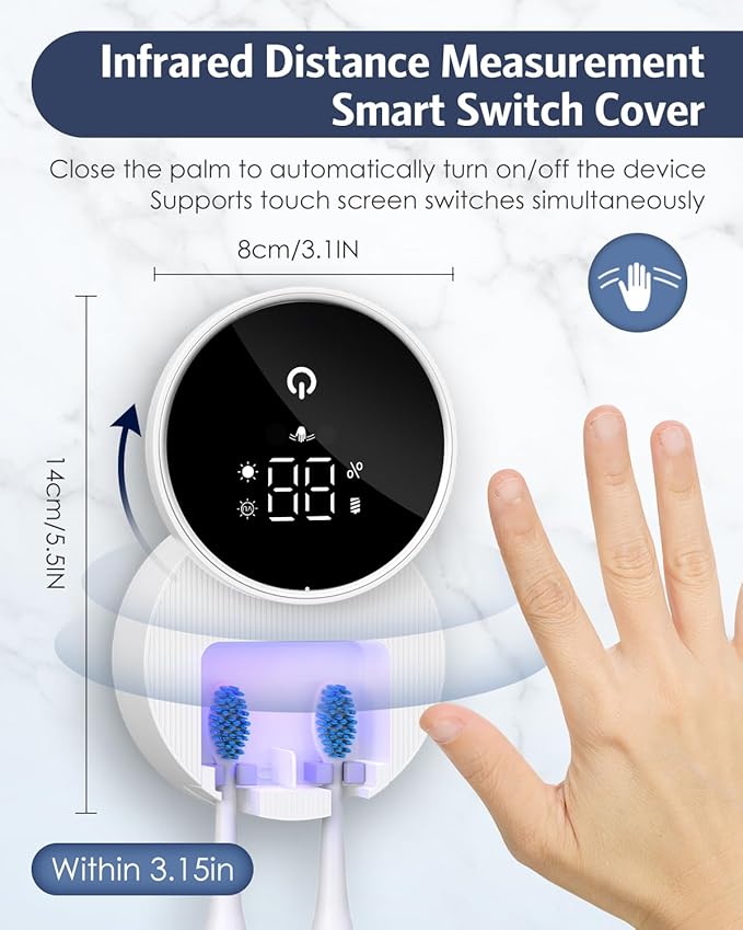 Upgraded UV Toothbrush Cleaner Holder Wall Mounted, Temracha Razor Electric Toothbrush Holder for Bathroom, LED Smart Screen, with Auto-Inductive Cover, Cleaning and 60-Degree Drying, for Home, Travel