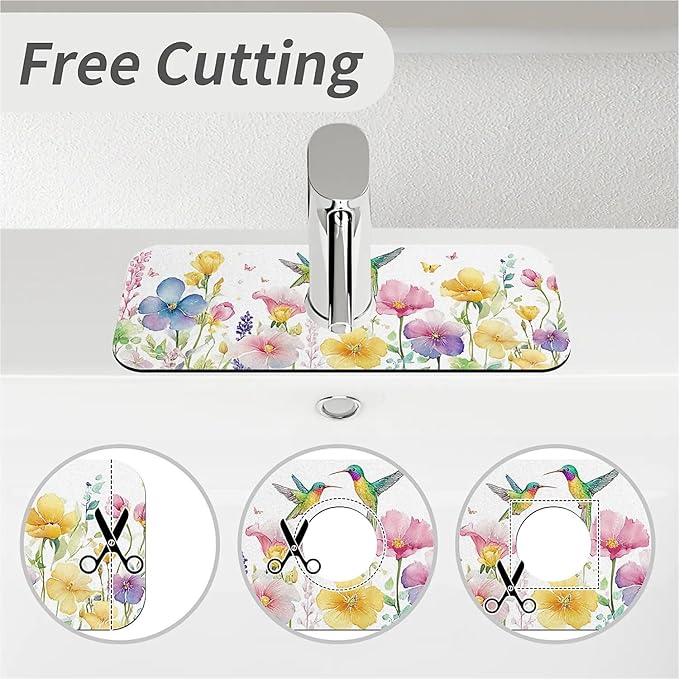Kitchen Sink Splash Guard，Spring flowers with hummingbirds Faucet Mat Sink Gadgets-Super Absorbent Fast Drying Mat Drip Catcher for Kitchen, Bathroom,Sink Mat, Dish Drying Mat, Bathroom(15" X 5.5" )