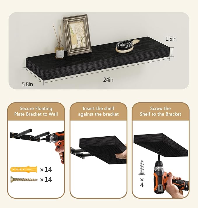 Vervida® Floating Shelves for Wall 2 Set of 24 W x 5.8" D for Kitchen, Living Room,Bathroom,Office,Bedroom Storage Shelves for Home Decor with Invisible Brackets Black Shelves for Wall Storage