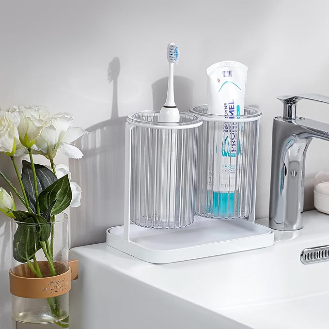 Toothbrush Holders with Drain Tray, 2 Slots Hanging Toothbrush and Toothpaste Holder Organizer Bathroom Caddy Countertop for Toothpaste, Razors, Electric Toothbrush - Clear