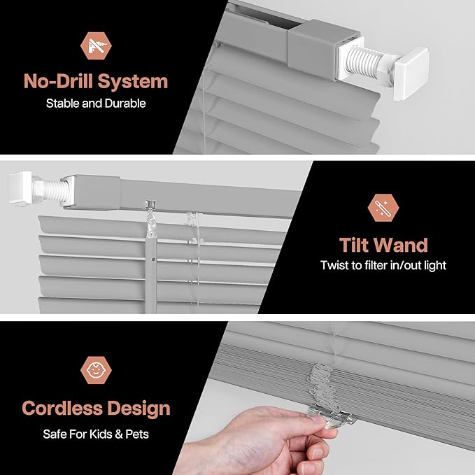 LazBlinds No Tools No Drill Cordless 1" Vinyl Mini Blinds, 100% Privacy S-Curve Blinds for Indoor Windows, Room Darkening Horizontal Window Blinds and Shades for Home, 42" W x 48" H, Grey