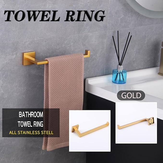 GERZWY Bathroom 2-Piece Bathroom Hardware Set Gold Stainless Steel - Toilet Paper Holder Towel Ring IG1856-2BE