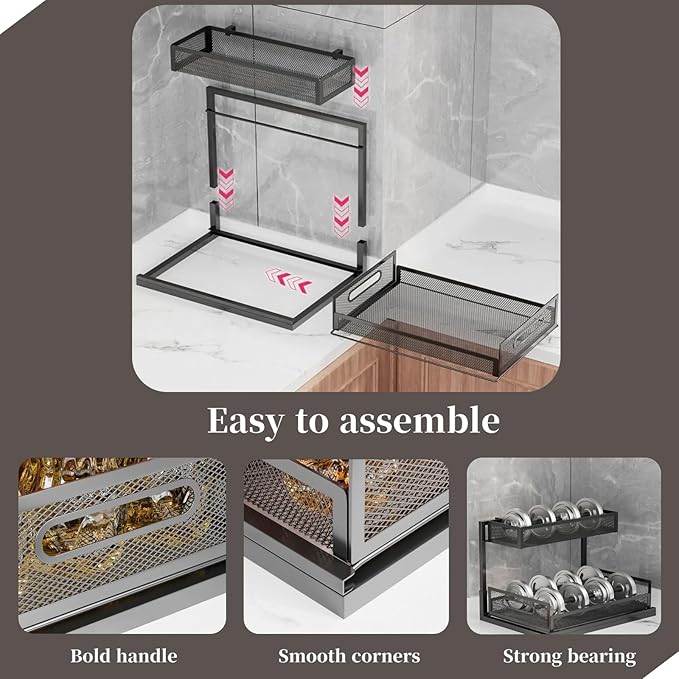 Undersink Organizers 2-Tier Under Cabinet Pull Out Storage with Sliding Out Drawers, Under the Sink Organizer for Bathroom Kitchen Durable Rack Shelf Space-Saving Organization, White 1 Pack