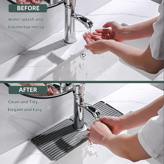 Faucet Mat for Kitchen Sink, Silicone Faucet Handle Drip Catcher Tray, Drying Mat as Sponge and Soap Holder with Lateral Inflow for Kitchen Bathroom Farmhouse & RV Sink Accessories (Grey)