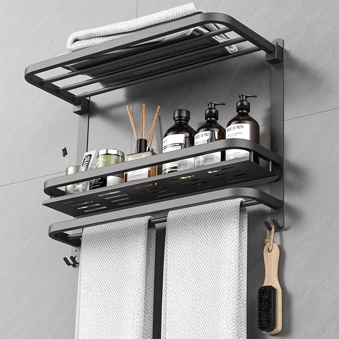 22.8Inch Towel Rack for Bathroom and Lavatory Towel Hanger with Wall Mount Towel Bars 304 Stainless Steel No Drill (Collapsible Black Towel Rack with Bathroom Organize Shower Shelves)