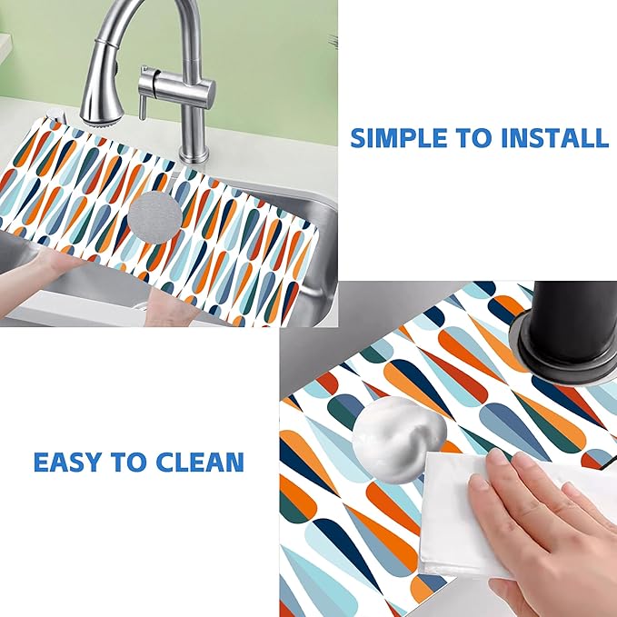 Mid-Century Drop Shapes Kitchen Sink Splash Guard Mat Absorbent Fast Drying Mat Faucet Draining Mat Sink Splash Guard Behind Faucet Drip Catcher for Kitchen Bathroom 5.5"×15"