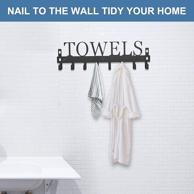 Over The Door Hooks, Towel Rack for Bathroom Towel Holder for Hanging Heavy Duty, Wall Mount Towel Hanger with 8 Hooks for Bedroom Bathroom Pool Kitchen Towels, Bag, Coats, Black