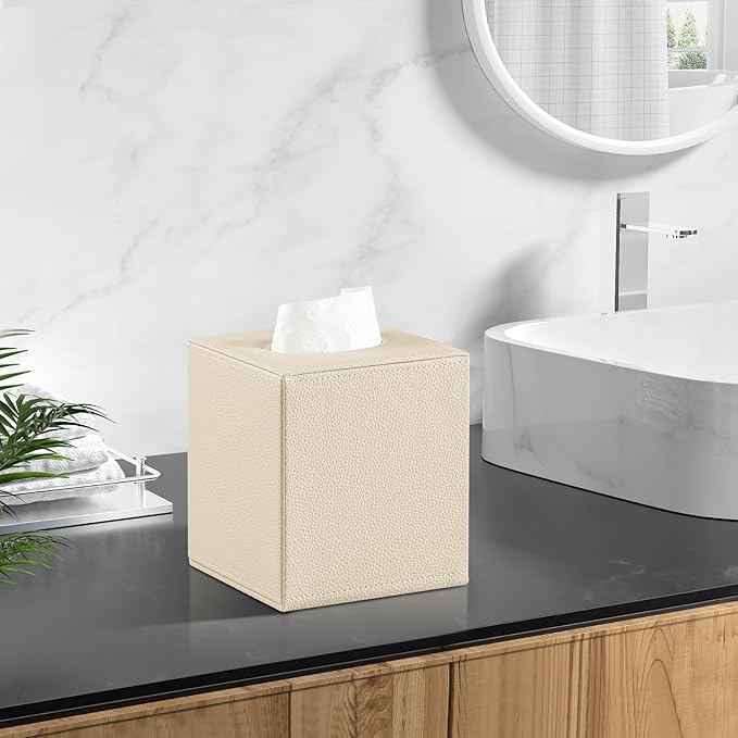 PU Leather Tissue Box Cover Square Tissue Box Holder with Magnetic Closure, Decorative Tissue Holder for Bathroom Bedroom Office (Beige)