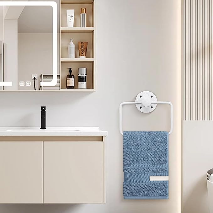 4-Pieces Industrial Pipe Bathroom Towel Ring Kit DIY Wall Mount Accessories Kit Includes Robe Hook Towel Bar and Towel Ring (White 16 inch)