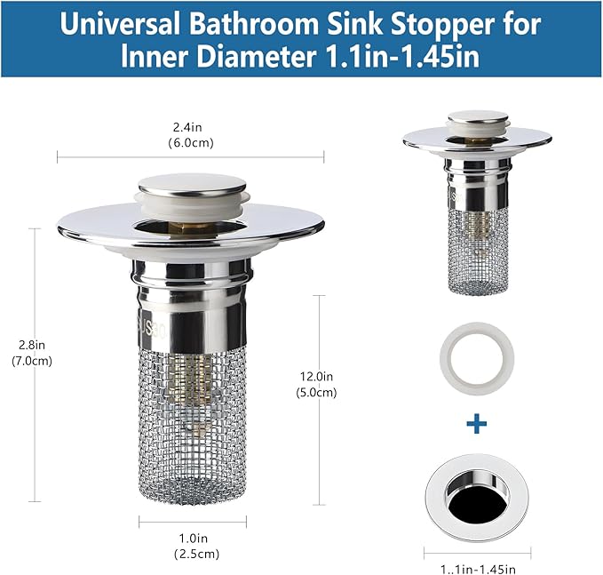 2pcs Bathroom Sink Drain Strainer Pop Up Sink Drain Stopper with Removable Stainless Steel Filter Basket, for US Universal Bathroom Kitchen Basin Sink Stopper Bathroom Sink Stopper
