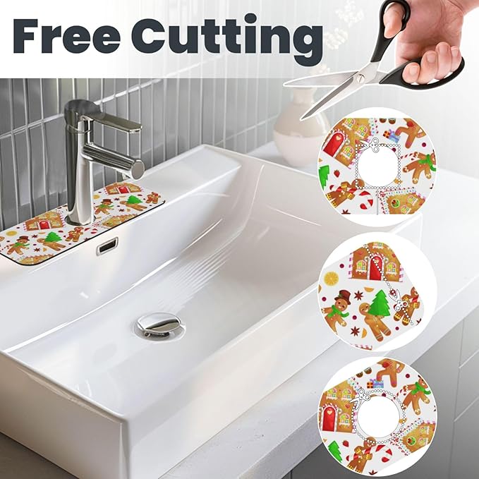 Christmas House Gingerbread Man Furits Kitchen Sink Splash Guard Faucet Mat 1 Pcs, Absorbent Fast Drying Mat Gadgets Splash Guard For Bathroom 15 X 5.5 Inches