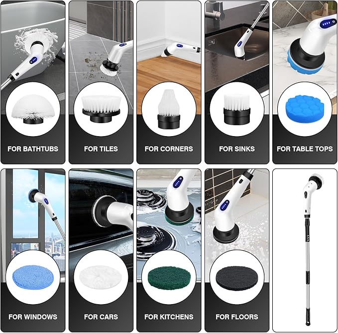 Electric Spin Scrubber, Upgraded Electric Cleaning Brush with 10 Replaceable Brush Heads, 132cm Adjustable Handle, 1500mAh Lithium Battery, Cleaning Bathroom Kitchen