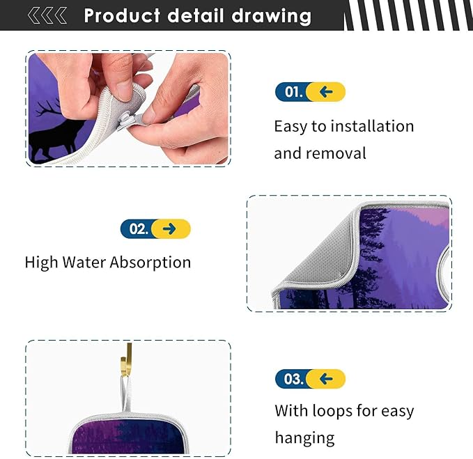 2 PCS Kitchen Sink Splash Guard 23.6 Inch Faucet Mat for Kitchen Sink Bathroom Sink Faucet Absorbing Drip Drain Mat Pad Microfiber Soft Washable Purple and Green Stag Forest Trees