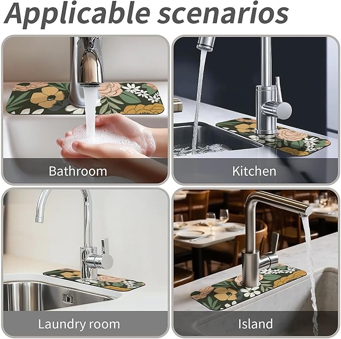 Kitchen Sink Splash Guard，Vintage Large Floral Faucet Mat Sink Gadgets-Super Absorbent Fast Drying Mat Drip Catcher for Kitchen, Bathroom,Sink Mat, Dish Drying Mat, Bathroom(15" X 5.5" )