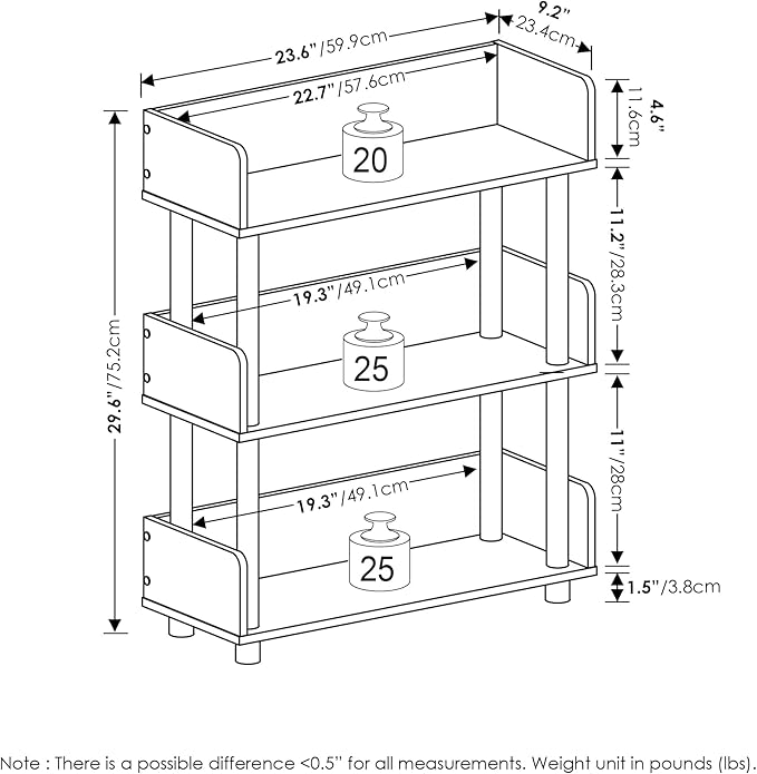 Furinno TURN-N-TUBE 3-Tier Display Shelf, Storage Shelves, Book Shelf, Open Shelves with Rounded Corner Top Edges, for Organization and Storage, Living Room, Home Office, Amber Pine