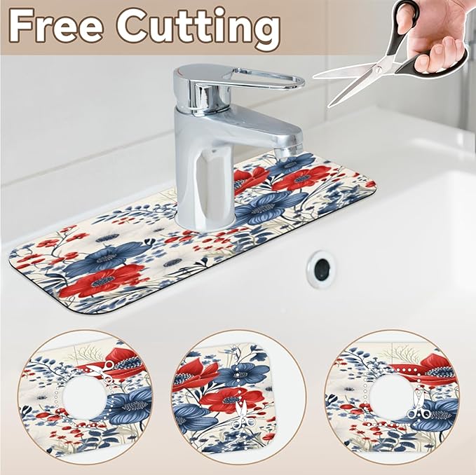 Patriotic Bloom Burst Kitchen Faucet Mat Splash Guard, 15.4”x5.7” Absorbent Quick Drying Sink Mat for Countertop Protection, Draining Mat Sink Protectors For Kitchen Bathroom, 1 Pack