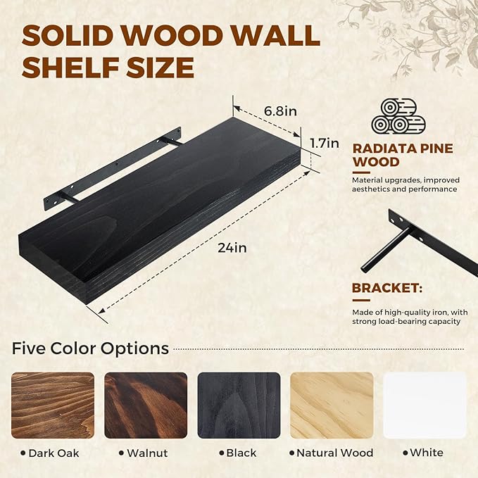 Floating Wall Shelves 24x6.8x1.7 Inch – Solid Wood Rustic Shelves in Black Finish – Wall Mounted Display Shelf for Bathroom, Kitchen, Bedroom – Set of 2