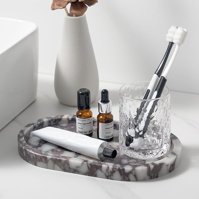 Natural Calacatta Viola Marble Tray 10"x6" - Non-Resin Bathroom Vanity Organizer & Kitchen Decor | Waterproof Oval Stone Serving Dish (Purple Portoro)