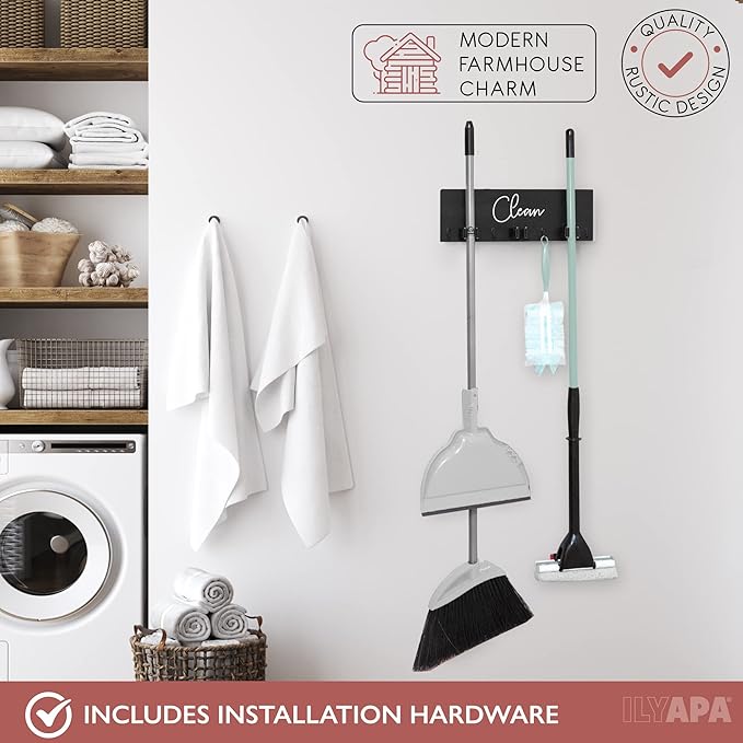Ilyapa Mop and Broom Holder Wall Mount, Black Wall Hanging Wooden Brooms and Mops Organizer, Kitchen & Laundry Room Broom Hanger Organizer Storage Rack