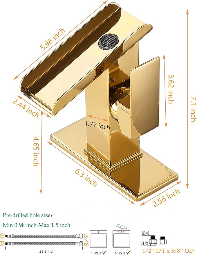 Bathroom Sink Faucet Gold Single Handle 1 or 3 Hole 4 Inch Waterfall Open Spout Bathroom Faucets Modern Brass Lavatory Bath RV Vanity Sink Faucets Basin Mixer Tap with Supply Line Cover Plate