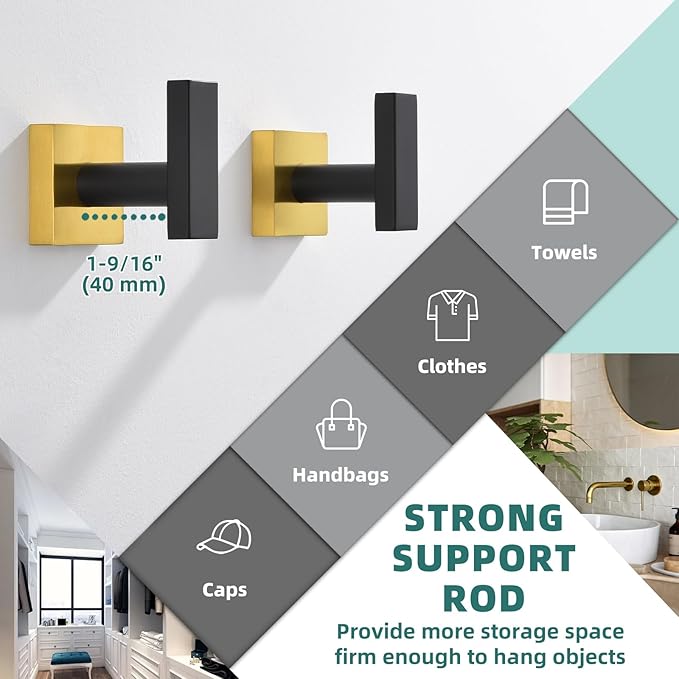 APLusee Robe Towel Hook 2 Pack Black Gold, 304 Stainless Steel Square Coat Hook, Bathroom Kitchen Towel Hanger Wall Mounted