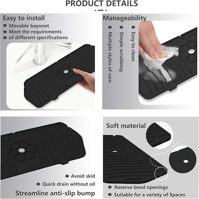 Kitchen Sink Splash Guard 29.7 X 5.7 In, Large Size Kitchen Sink Splash Guard, Silicone Sink Faucet Drying Mat, Faucet Mat Splash Catcher, Multipurpose For Kitchen Sink, Bathroom (Black)