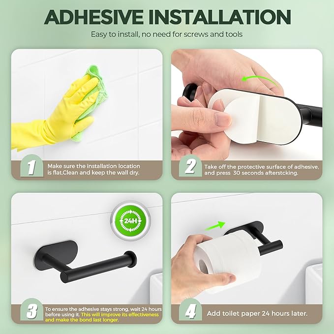 2 Pack Adhesive Toilet Roll Holder Stand - Matte Black SUS304 Stainless Steel, Rustproof Toilet Paper Holder No Drilling Tissue Holder for Kitchen Bathroom Wall Mount Bathroom Tissue Holder