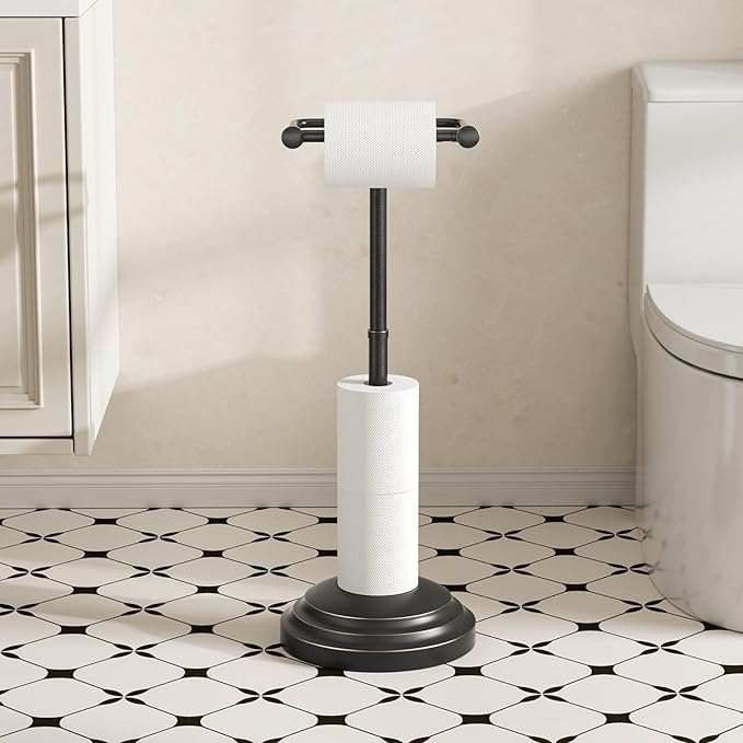 Bathroom Toilet Paper Holder Stand, Oil Rubbed Bronze Toilet Paper Holder Free Standing, Stainless Steel Pivoting Toilet Tissue Roll Holder，Adjustable Height (14 to 24 Inch) Paper Holder