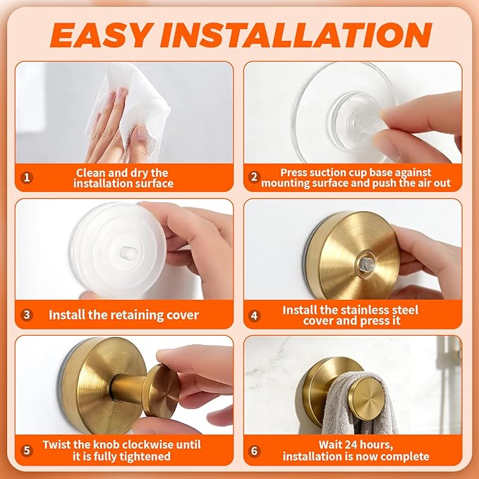 Gold Suction Cup Hooks for Shower & Bathroom - No Drill Adhesive Hooks for Towels on Glass Door, Mirror, Tile Wall - Decorative Brushed Gold Hooks for Wreaths, Kitchen - Heavy Duty Waterproof (4 Pack)