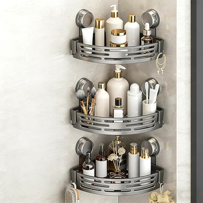 Triangle Suction Cup Shower Caddy, No-Drill Bathroom Corner Shelf, Small Bathroom Storage Cabinet, Easy To Install, Heavy-Duty Strong Hold Shower Storage Rack For Shampoo & Soap (Gray*3)