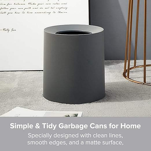 Modern Round Waste Basket - 2.1Gal/7.9L Open Top Trash Bin - Black Garbage Can with Removable Plastic Bin Liner - Touchless Bathroom Garbage Can or Trash Can for Kitchen - Minimalist Office Trash Can