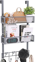 Consumest Over The Door Hooks Organizer - Extra Long Door Hanger with 9 Coat Hooks & 2 Mesh Basket, Back Storage Organizer Hanging Towels for Bathroom, Bedroom - Grey (for 1.76 in Doors)