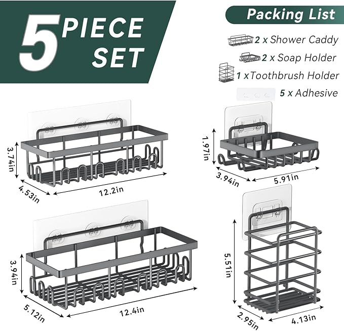 5-Pack Adhesive Shower Caddy, Rustproof Stainless Steel Organizer for Bathroom Storage with Large Capacity, No Drilling Bathroom Caddy with Soap Toothbrush Holder for Kitchen Home Grey