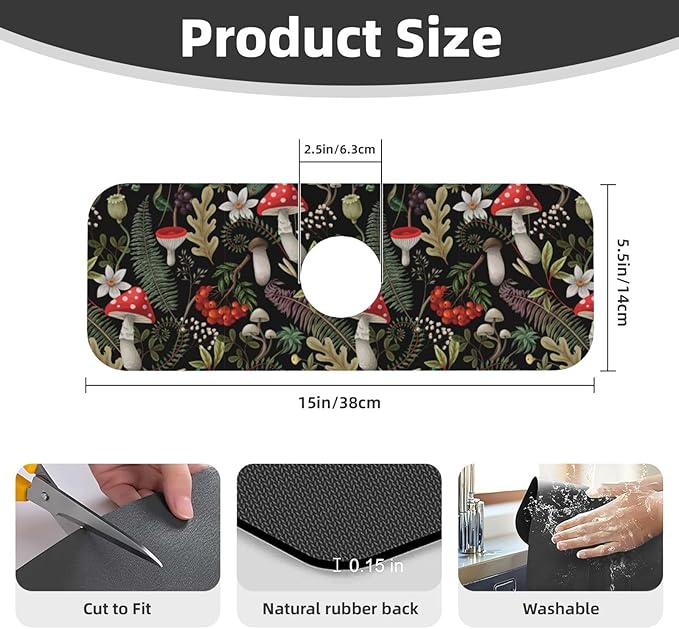 Forest Mushroom Mushrooms Leaves Flowers Kitchen Sink Splash Guard Faucet Mat Super Absorbent Fast Drying Mat Sink Gadgets-Fast Drying Pad Sink Mat For Kitchen Bathroom (15" X 5.5" )