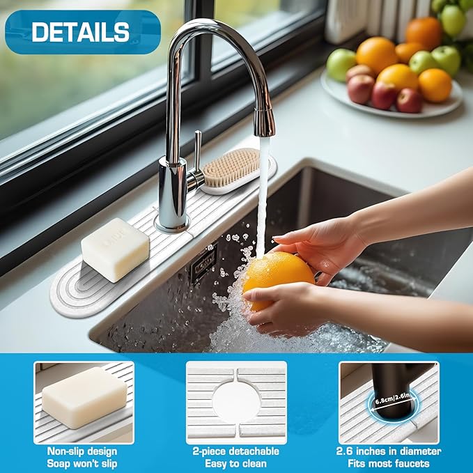 Diatomite Stone Faucet Mat For Kitchen Sink-Absorbent Fast Drying Stone Sink Tray,Faucet Splash Guard Counter,Quick Dry Sink Mat Around Faucet For Kitchen & Bathroom (white-Oval,15.7" x 4")