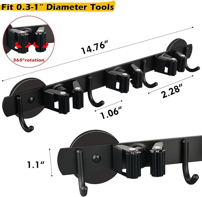 MUTUACTOR Heavy Duty Magnetic Broom Holder, 1PCS Mounting Broom and Mop Hanger, Anti-slip Black Magnetic Tool Holder 3 Slots and 4 Hooks for Fridge, Metal Door, Garage, Work Station