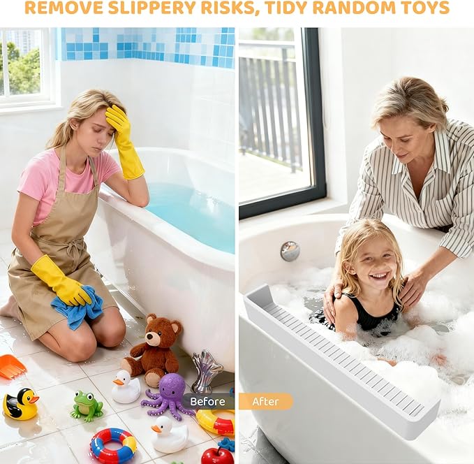 Bathtub Splash Guard for Tub Kids, Longer Silicone Water Splash Guard for Bathtub, Toy Holder Play Shelf for Bathtime，Silicone Tub Splash Guard Prevent Water Spills in Bathroom (Gray)