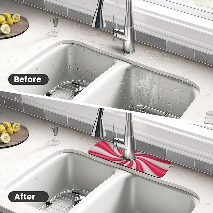 Christmas Lollipop Swirl Candy Sugar Red White Cute Kitchen Sink Splash Guard Faucet Mat 1 Pcs, Absorbent Fast Drying Mat Gadgets Splash Guard For Bathroom 15 X 5.5 Inches