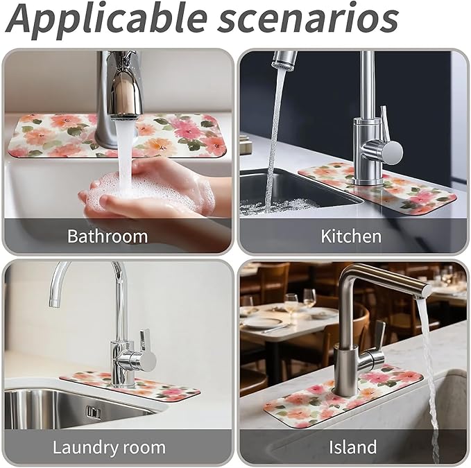 Kitchen Sink Splash Guard，Soft watercolor flowers Faucet Mat Sink Gadgets-Super Absorbent Fast Drying Mat Drip Catcher for Kitchen, Bathroom,Sink Mat, Dish Drying Mat, Bathroom(15" X 5.5" )