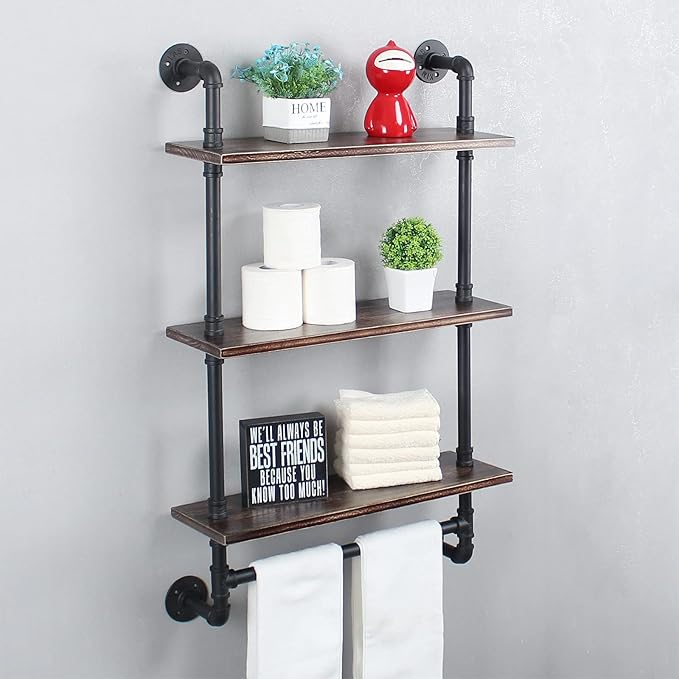 MBQQ Iron Pipe Shelves Industrial Bathroom Shelves with Towel bar,24in Rustic Metal Pipe Floating Shelves Pipe Wall Shelf,3 Tier Industrial Shelf Wall Mounted,Retro Black