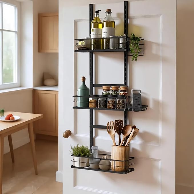 Over The Door Shower Caddy, 304 Stainless Steel Hanging Bathroom Organizer, Pantry Organizer & Kitchen Storage Rack with 3 Adjustable Shelves, No Drilling Hanging Shelf with 14 Hooks, Black