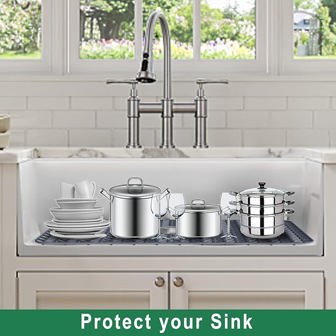 Silicone Protectors for Kitchen Sink, GUUKIN 26''x 14'' Sink Mat Grid for Bottom of Farmhouse Stainless Steel Porcelain with Center Drain (Grey)