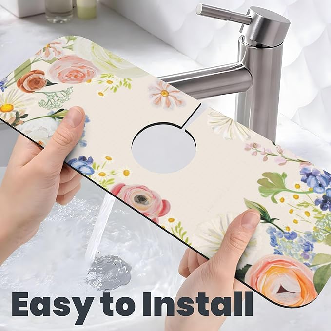 Vintage Country Watercolor Wildflowers Dish Drying Mat for Kitchen Counter, 16"x18" Microfiber Absorbent Fast Dry Mat, 2Pcs Dish Mat Faucet Mats Sets, Large Drying Kitchen Mat Kitchen Drying Pad