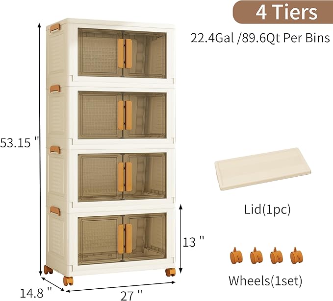 Plastic Stackable Storage Bins with Lids and Wheels, 358.4QT-89.6QT*4Tier Foldable Closet Organizers and Containers, Collapsible Clear Drawer Storage Cabinet with Doors Ivory White