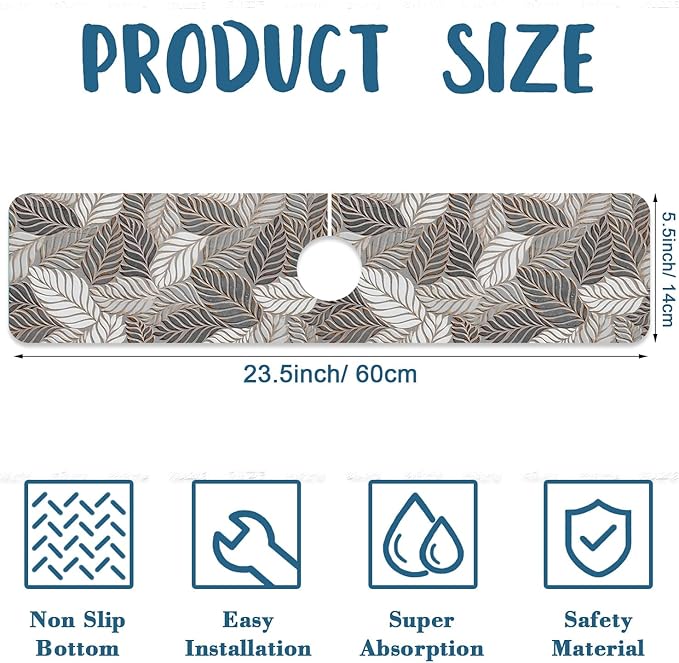 Embossed Leaf Texture Sink Faucet Absorbing Mat Grey Leaf Super Absorbent Fast Drying Mat Sink Gadgets Behind Faucet Sinkmat for Kitchen Bathroom, 23.5"x5.5"