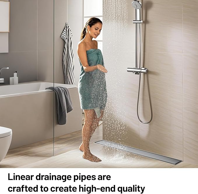 Linear Shower Drain, 304 Stainless Steel with Adjustable Leveling Feet, Hair Strainer,Reversely Install Place to Create an Invisible Floor Drain - Silver -54-Inch