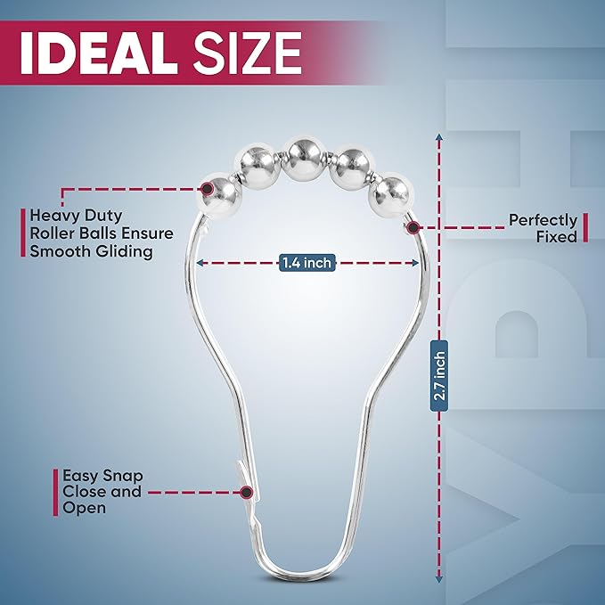 Shower Curtain Hooks Rust Proof (Set of 12) - Stainless Steel Shower Curtain Rings - Anti Slip Roller Balls for Easy Glide (Secure Lock Hooks, Chrome)