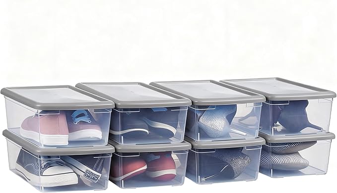 Stackable Plastic Storage Shoebox, BPA-Free Nestable Container with Latching Lid to Organize Shoes, See-Through Box for Home and Office, Multi-Purpose Clear Bins (Grey, 8 Pack)