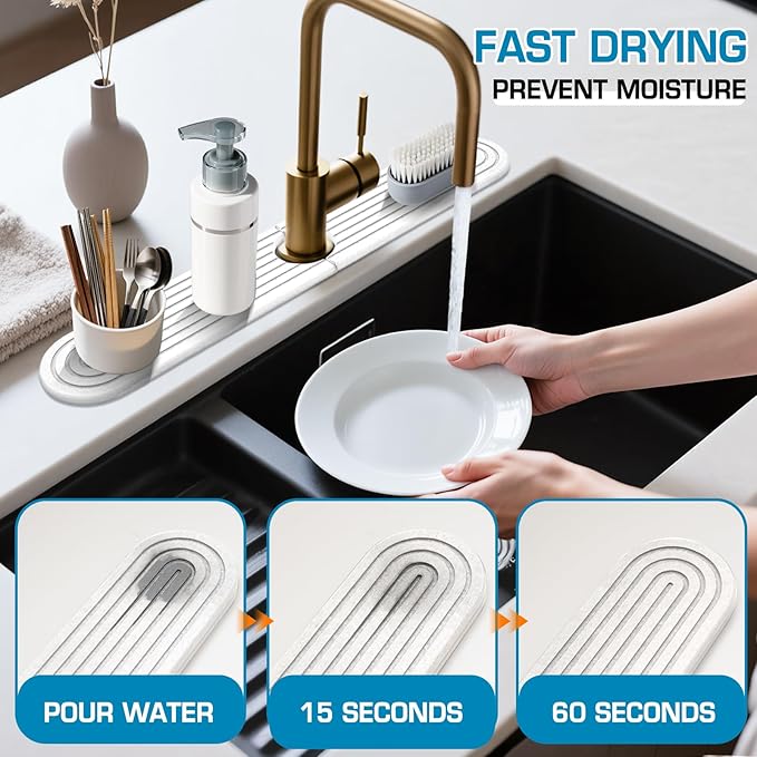 White-Oval 23.6" Diatomite Kitchen Faucet Mat Stone Sink Tray – Quick Drying Super Absorbent Splash Guard for Kitchen Bathroom Sink | Countertop Protector with Multiple Sizes Colors Styles