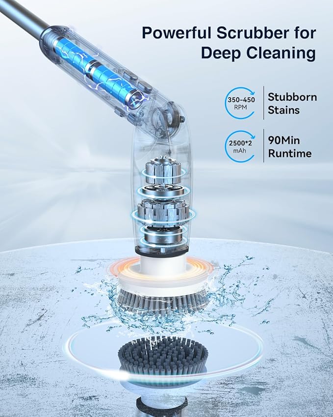Leebein Electric Spin Scrubber, 2024 New Electric Scrubber with 4 Adjustable Angles and 8 Brush Heads, Shower Scrubber with Long Handle & Remote Control, Cleaning Brush for Bathroom, Tub, Floor(White)